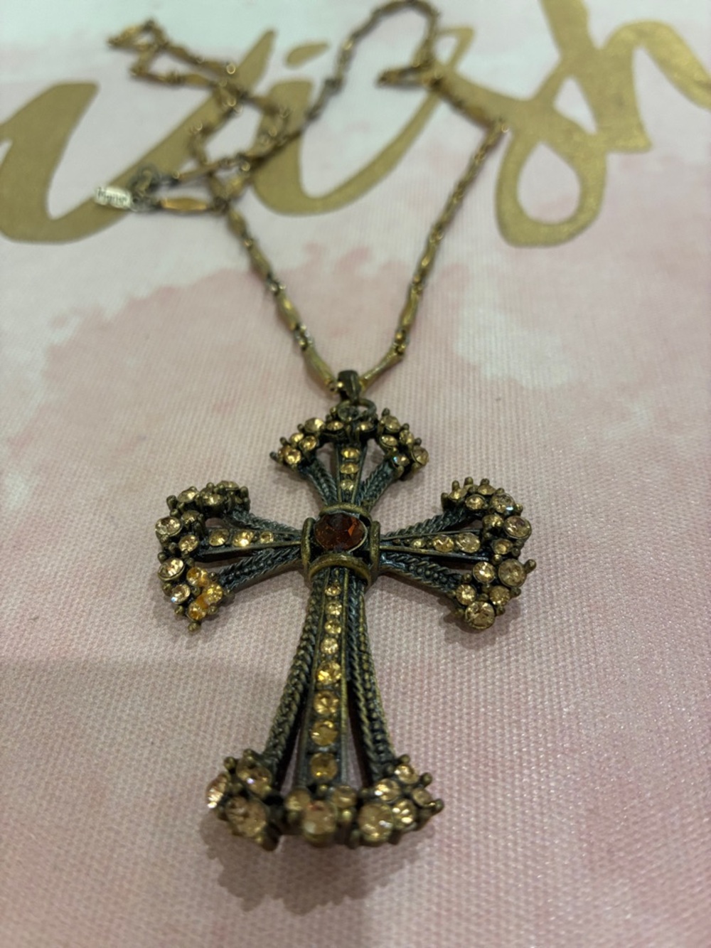 Monet Gold-Tone To Copper Cross Necklace with Yellow AB & Amber Center Accent
